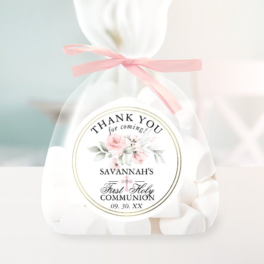 Floral Pink First Heilige Communie Dank u Classic Ronde Sticker
