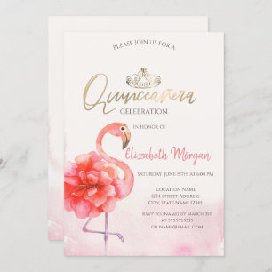 Floral Pink Flamingos Gold Tiara Quinceañera Kaart