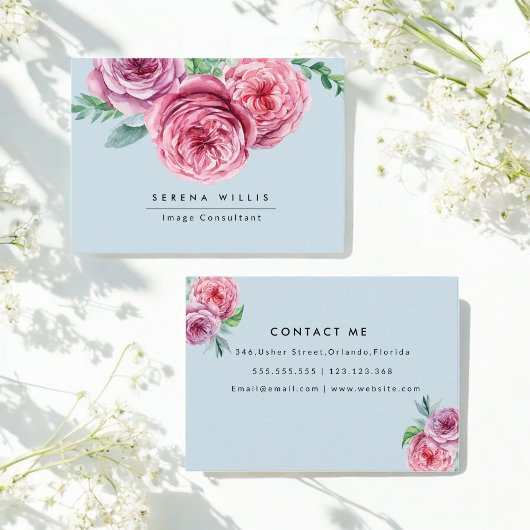 Floral Pink Flowers Blue Pastel Chic Visitekaartje