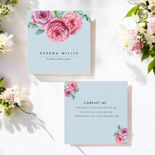 Floral Pink Flowers Simple Blue Chic Vierkante Visitekaartje