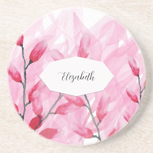 Floral Pink Fusion Waterverf monogram Zandsteen Onderzetter (Voorkant)