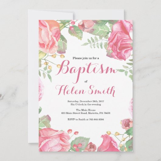 Floral Pink Girl Baptism Kaart (Voorkant)