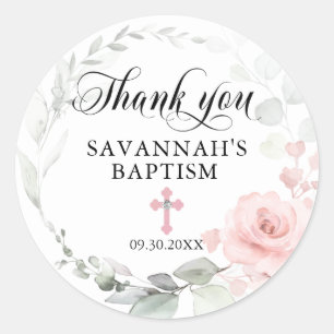 Floral Pink Girl Christening Baptism Dank je Ronde Sticker