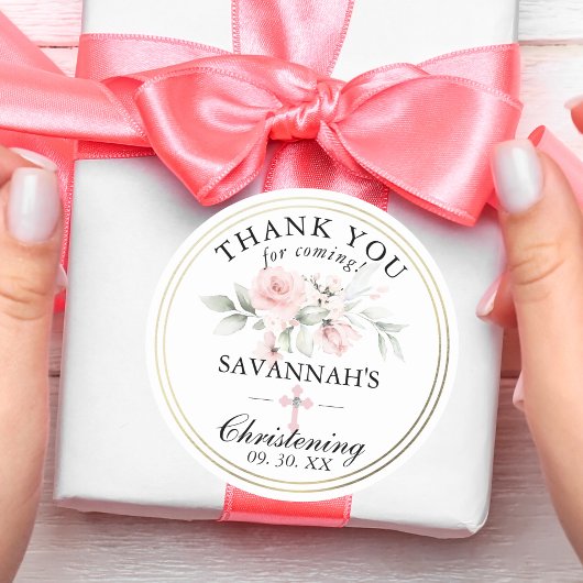 Floral Pink Girl Christening Bedankt Ronde Sticker