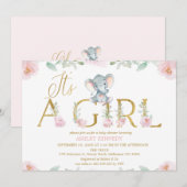 Floral Pink Girl Elephant Baby Shower Invitation Kaart (Voorkant / Achterkant)