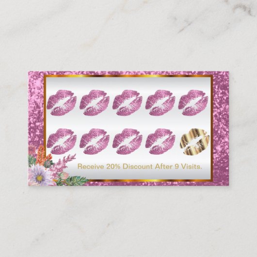 Floral Pink Glitter and Gold 2 Loyalty Punch Card (Voorkant)