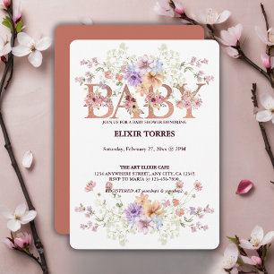 Floral Pink Glitters Baby Monogram Baby shower Kaart