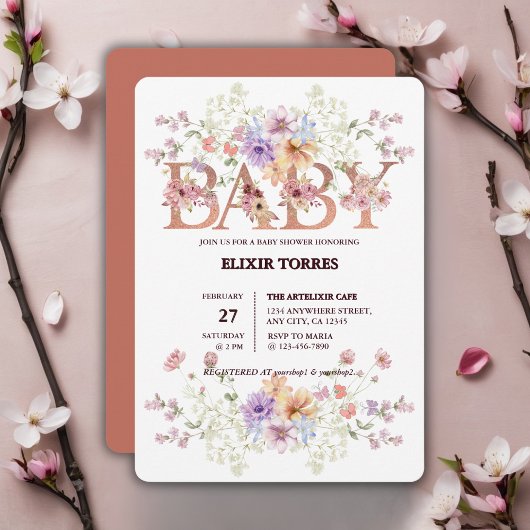 Floral Pink Glitters Baby Monogram Baby shower Kaart