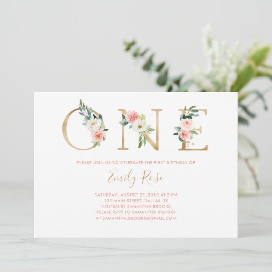 Floral Pink Gold 1e verjaardag Kaart (Staand voorkant)