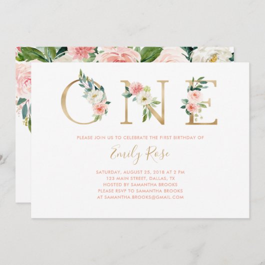 Floral Pink Gold 1e verjaardag Kaart (Voorkant / Achterkant)