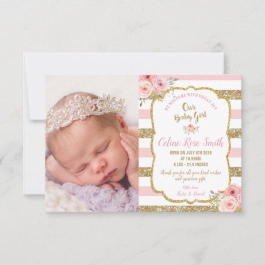 Floral Pink Gold Baby Girl Foto Aankondiging (Voorkant)