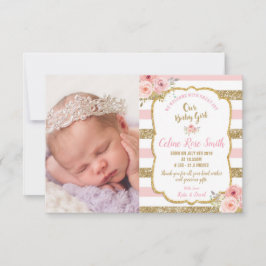 Floral Pink Gold Baby Girl Foto Aankondiging