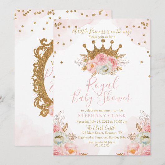 Floral Pink & Gold Baby shower Kaart (Voorkant / Achterkant)