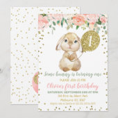 Floral Pink Gold Balloon Fluffy Bunny 1st Birthday Kaart (Voorkant / Achterkant)