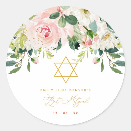 Floral Pink & Gold Bar Mitzvah Ronde Sticker (Voorkant)