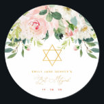 Floral Pink & Gold Bar Mitzvah Ronde Sticker<br><div class="desc">Deze gepersonaliseerde stickers kunnen worden gebruikt op kantoorbenodigdheden,  gunsten of alles wat je nodig hebt voor je dochters Bat Mitzvah. Het ontwerp is voorzien van een roze waterverf florele constructie met gouden stippen en een ster van David. Overeenkomende objecten zijn beschikbaar.</div>