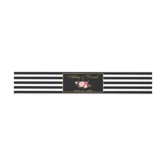 Floral Pink Gold Black Stripes Wedding Uitnodigingen Wikkel (Vlak)