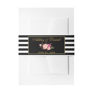 Floral Pink Gold Black Stripes Wedding Uitnodigingen Wikkel