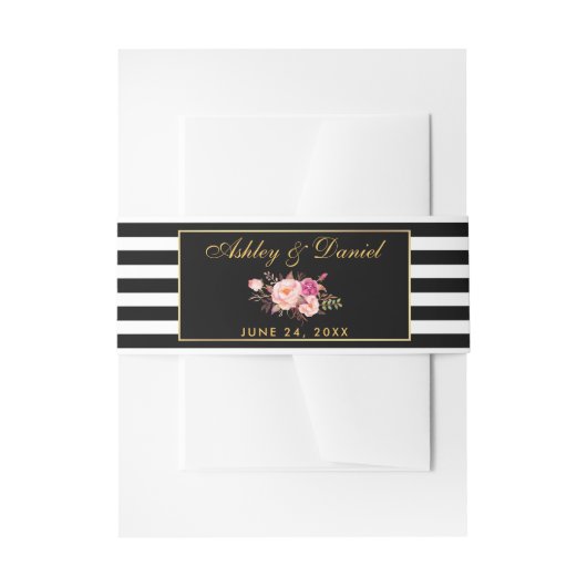 Floral Pink Gold Black Stripes Wedding Uitnodigingen Wikkel (Voorkant Voorbeeld)