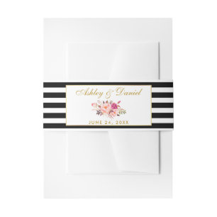 Floral Pink Gold Black White Stripes Weddenschap Uitnodigingen Wikkel
