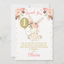 Floral Pink Gold Bunny 1e verjaardag Hartelijk dan