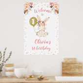Floral Pink Gold Bunny 1st Birthday Welkom Poster (Keuken)