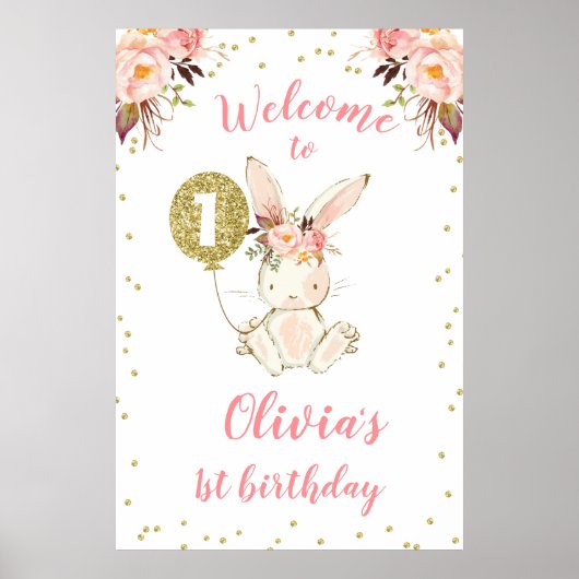 Floral Pink Gold Bunny 1st Birthday Welkom Poster (Voorkant)