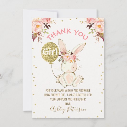 Floral Pink Gold Bunny Baby shower Hartelijk dank Kaart (Voorkant)