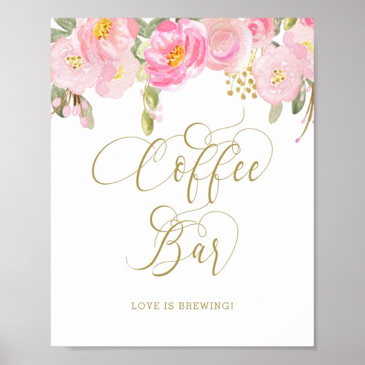 Floral Pink Gold Calligraphy Coffee Bar Sign Poster (Voorkant)