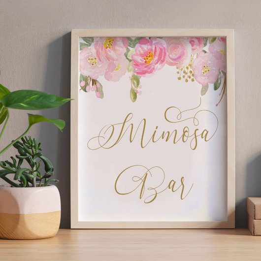 Floral Pink Gold Calligraphy Mimosa Bar Sign Poster