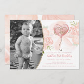 Floral Pink & Gold First Birthday Foto uitnodiging (Voorkant / Achterkant)