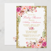 Floral Pink Gold Glitter Baby shower Invitation Kaart (Voorkant / Achterkant)