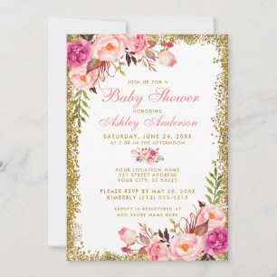Floral Pink Gold Glitter Baby shower Invitation Kaart