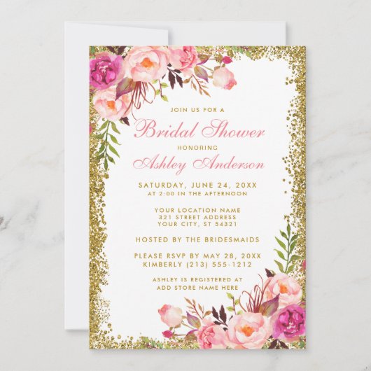 Floral Pink Gold Glitter Bridal Shower Kaart (Voorkant)