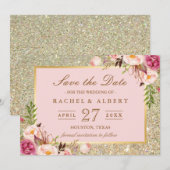 Floral Pink Gold Glitter Wedding Save the Date (Voorkant / Achterkant)