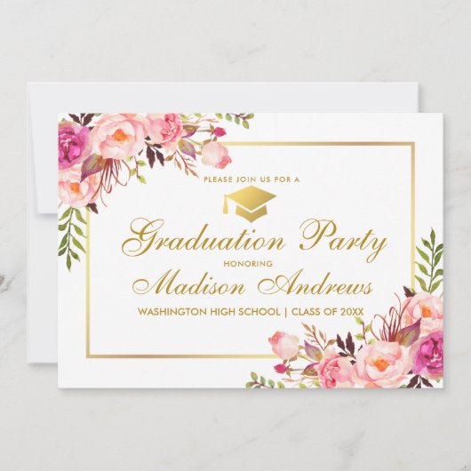 Floral Pink Gold Lijst Graduation Party Invitation Kaart (Voorkant)