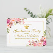 Floral Pink Gold Lijst Graduation Party Invitation Kaart (Staand voorkant)