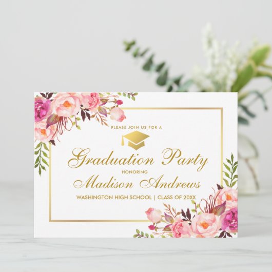 Floral Pink Gold Lijst Graduation Party Invitation Kaart (Staand voorkant)