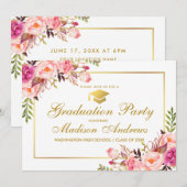 Floral Pink Gold Lijst Graduation Party Invitation Kaart (Voorkant / Achterkant)