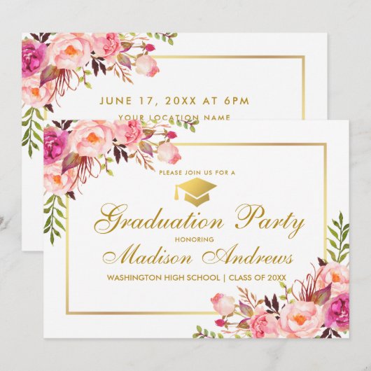 Floral Pink Gold Lijst Graduation Party Invitation Kaart (Voorkant / Achterkant)