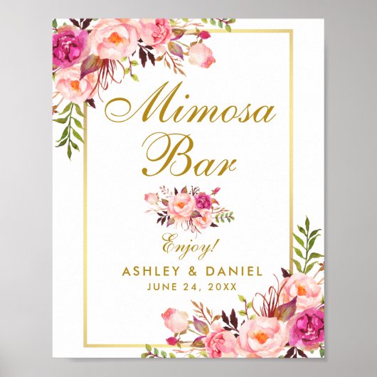 Floral Pink Gold Mimosa Bar Wedding Poster (Voorkant)
