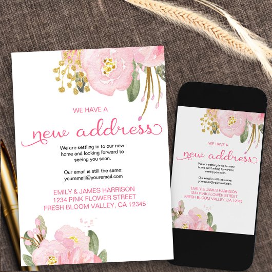 Floral Pink Gold New Address Moving Announge Aankondiging