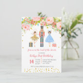 Floral Pink Gold NUTCRACKER Birthday uitnodiging (Staand voorkant)
