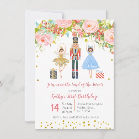 Floral Pink Gold NUTCRACKER Birthday uitnodiging (Voorkant)