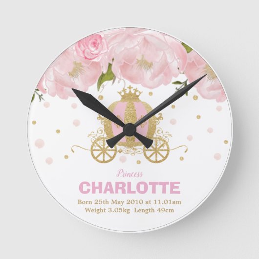 Floral Pink Gold Princess Carriage Birth Stats Ronde Klok (Voorkant)