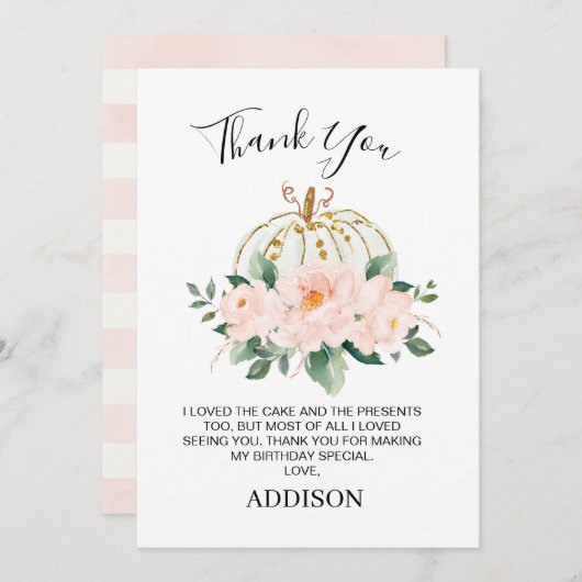 Floral Pink Gold Pumpkin Birthday Hartelijk dank Kaart (Voorkant / Achterkant)