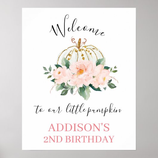 Floral Pink Gold Pumpkin Birthday Welkomstteken Poster (Voorkant)