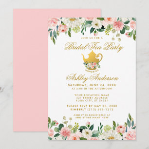 Floral Pink Gold Vrijgezellenfeest Tea Party Invit Kaart