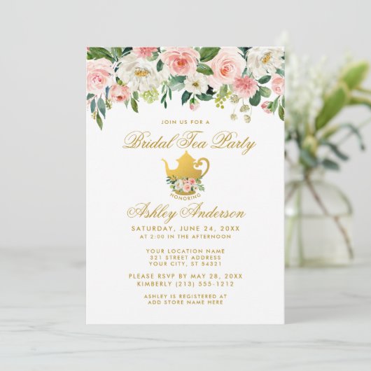 Floral Pink Gold Vrijgezellenfeest Tea Party nodig Kaart (Staand voorkant)