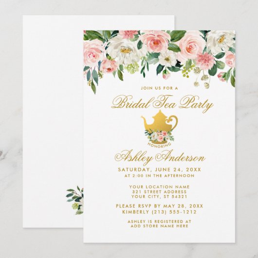 Floral Pink Gold Vrijgezellenfeest Tea Party nodig Kaart (Voorkant / Achterkant)